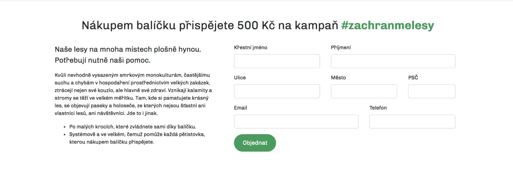 Nákupní formulář a hlubší vysvětlení problematiky Zachraňme lesy. Zdroj: Pábení